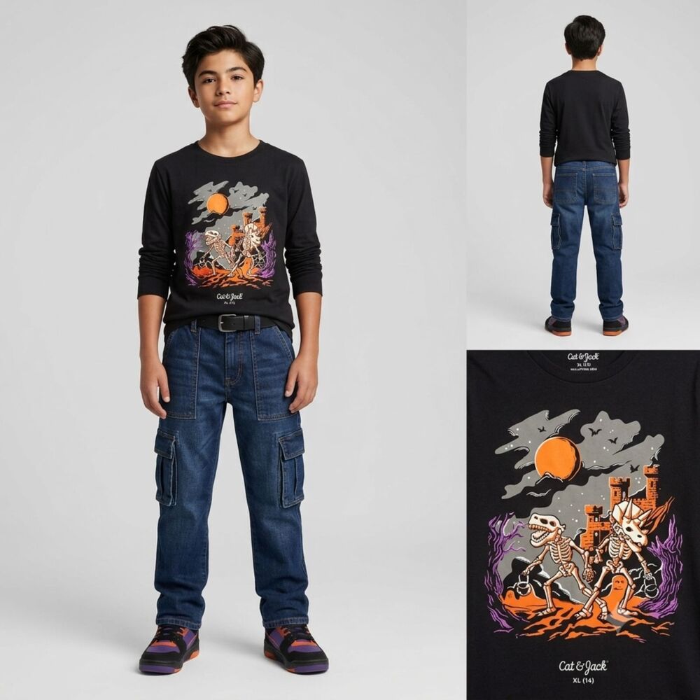Cat & Jack Boy XL 14 Halloween Skeleton Dino Graphic Long Sleeve Shirt Y2K Goth